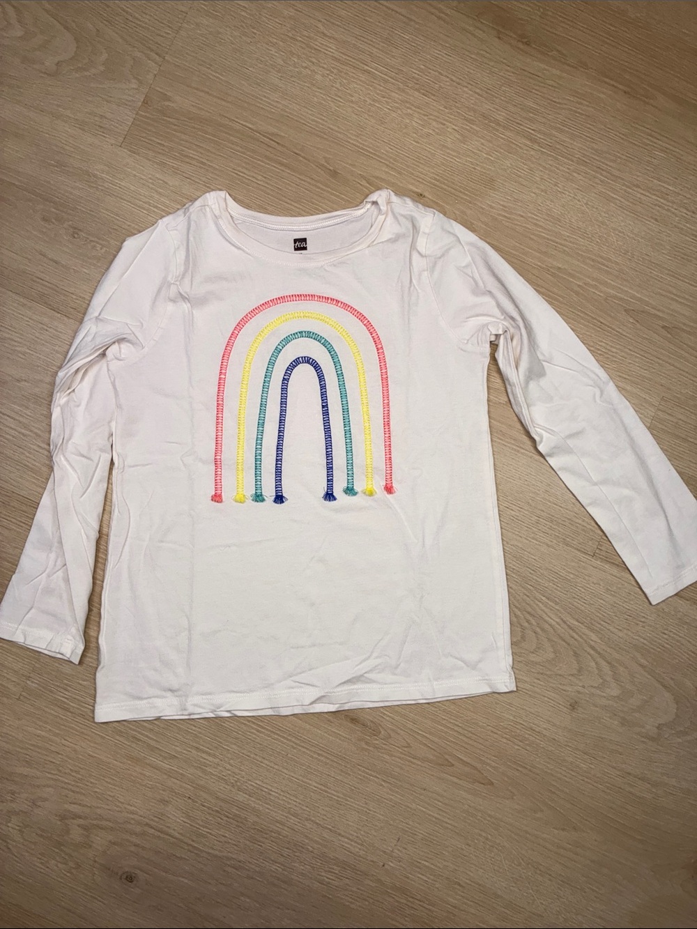 Tea Collection White Long-Sleeve Tee with Pastel Rainbow Embroidery